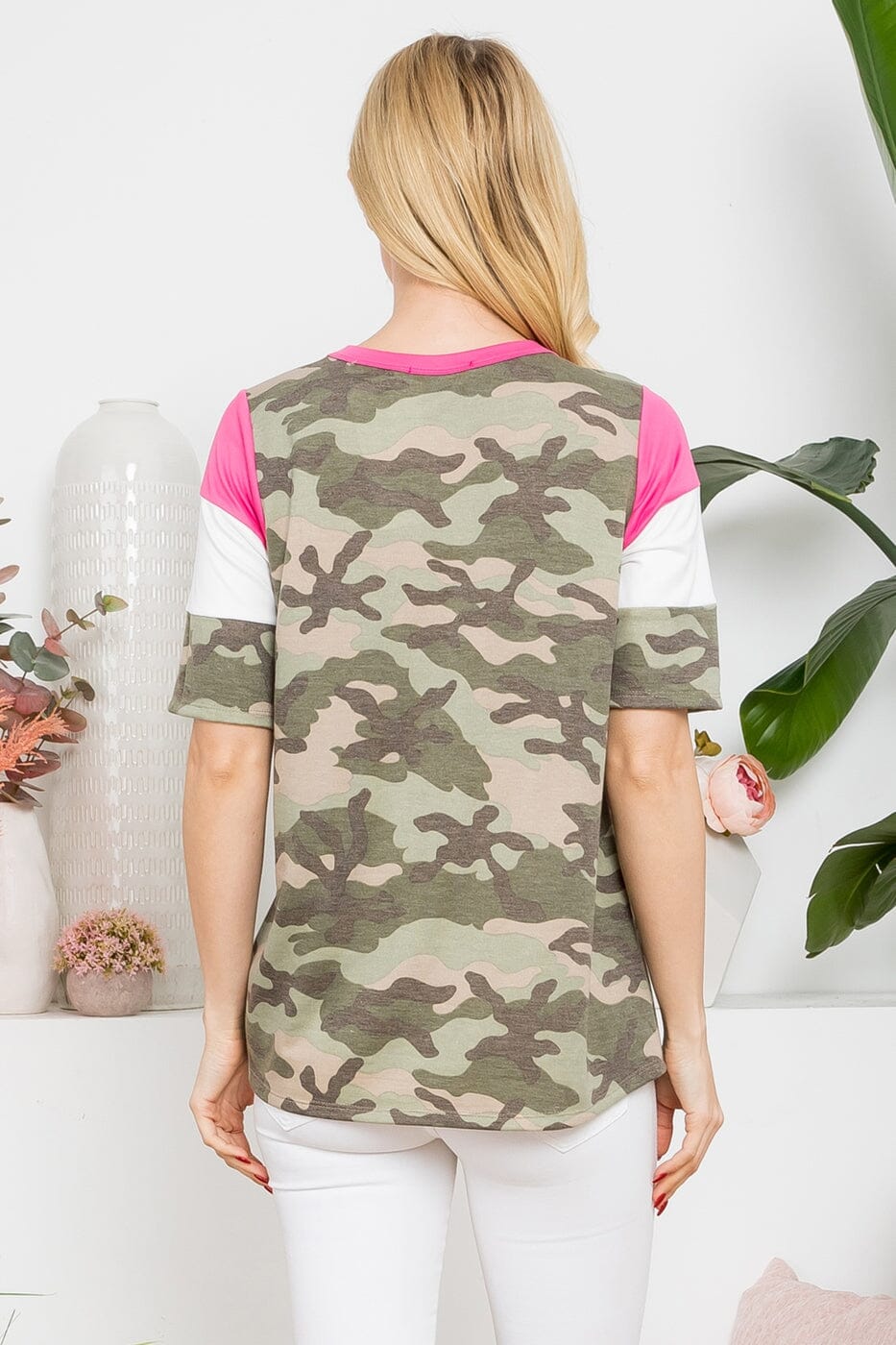 Womens Color Block Top, Green Camo Pink White Striped Shirt Tops MomMe and More 