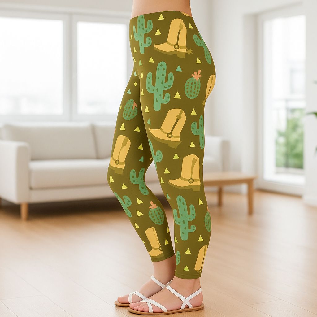 Womens Western Cactus Boots Leggings - High Waisted - Buttery Soft - Brown/Green Leggings MomMe and More 