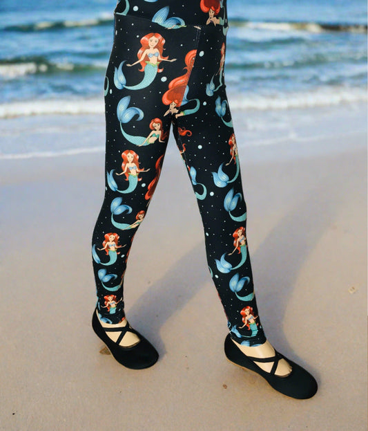 Girls Mermaid Leggings Kids Yoga Pants Black/Multi Sizes S/L