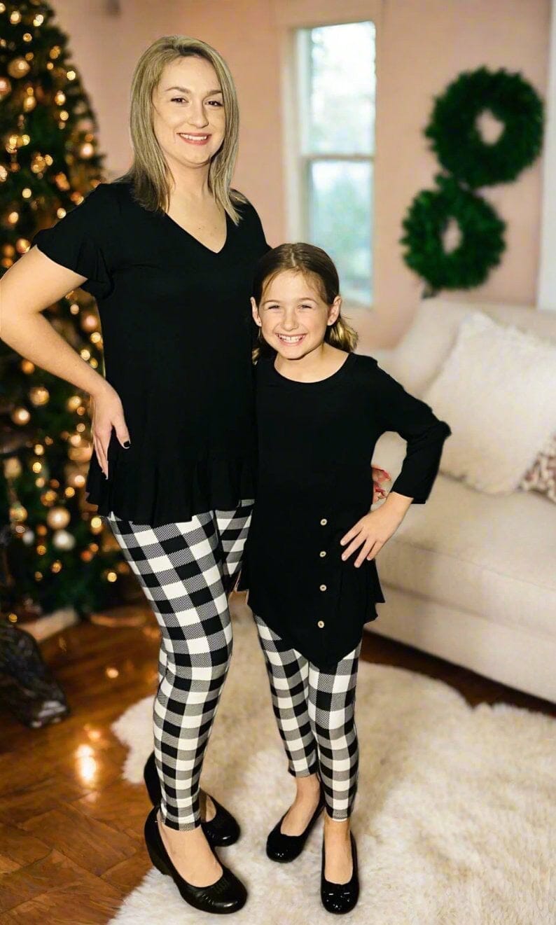 Girls Plaid Leggings, Kids Yoga Pants, Sizes S/L, No-Roll Waist, Black/White Leggings MomMe and More 
