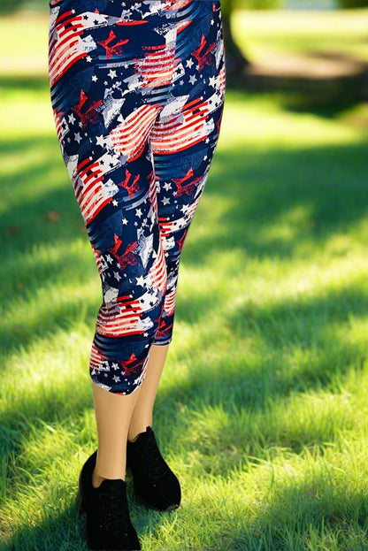 Womens 4th of July Capri Leggings - High Waisted - Buttery Soft - American Flag Leggings MomMe and More 