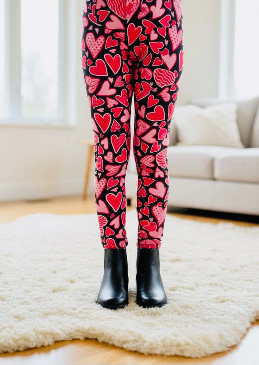 Girls Valentines Day Leggings - High Waisted - Buttery Soft - Pink Doodle Hearts Leggings MomMe and More 