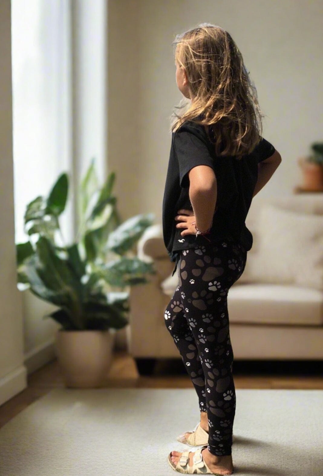 Girls Dog Paw Leggings, Kids Yoga Pants, Sizes S/L, No-Roll Waist, Black/Brown Leggings MomMe and More 