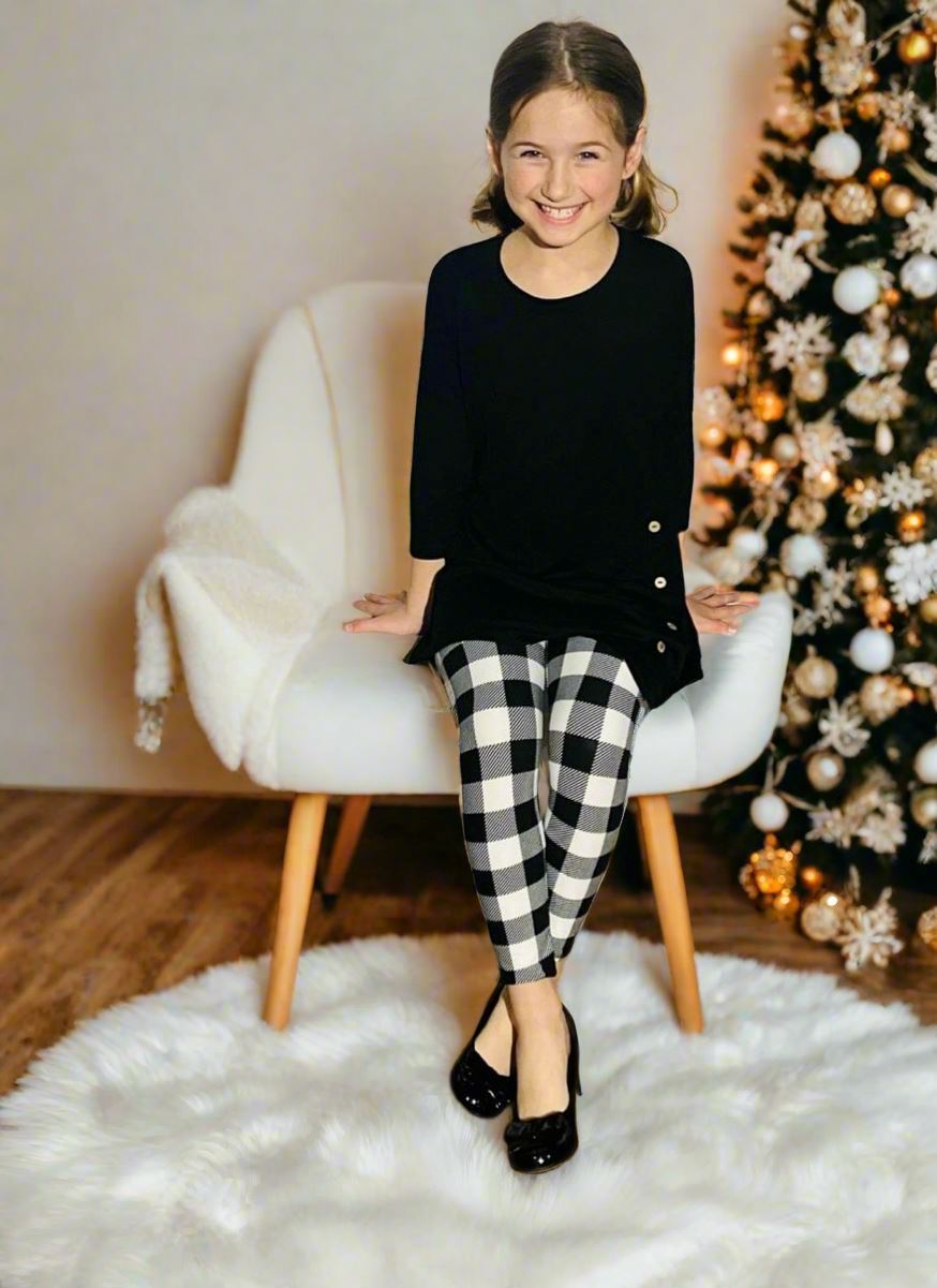 Girls Plaid Leggings, Kids Yoga Pants, Sizes S/L, No-Roll Waist, Black/White Leggings MomMe and More 