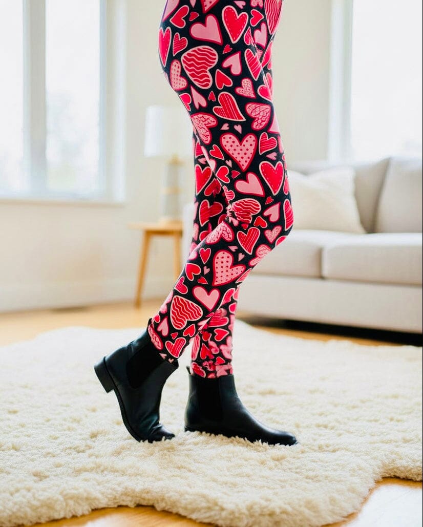 Girls Valentines Day Leggings - High Waisted - Buttery Soft - Pink Doodle Hearts Leggings MomMe and More 