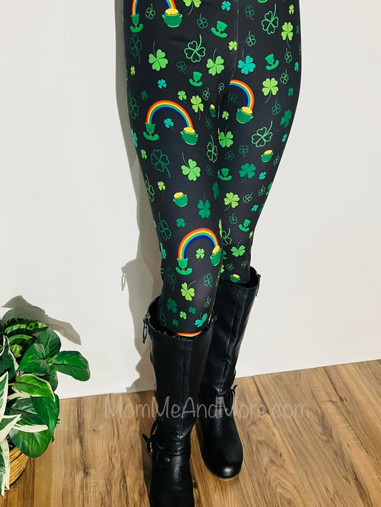 Womens Leggings | Exclusive St. Patrick Day Shamrock Rainbow Leggings | Yoga Pants | Footless Tights | Yoga Waistband Leggings MomMe and More 