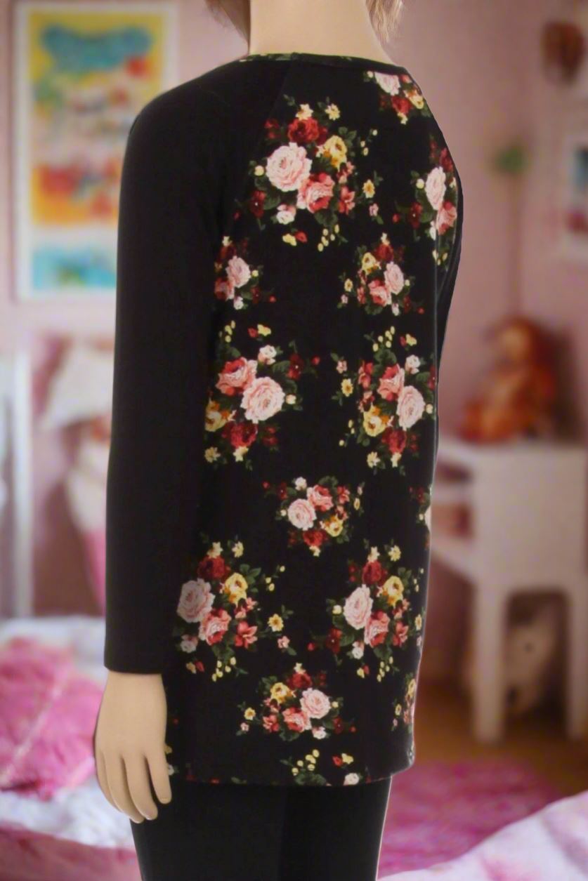 Girls Rose Floral Top, Long Sleeve Shirt, Sizes S/M/L/XL, Black/Pink Tops MomMe and More 
