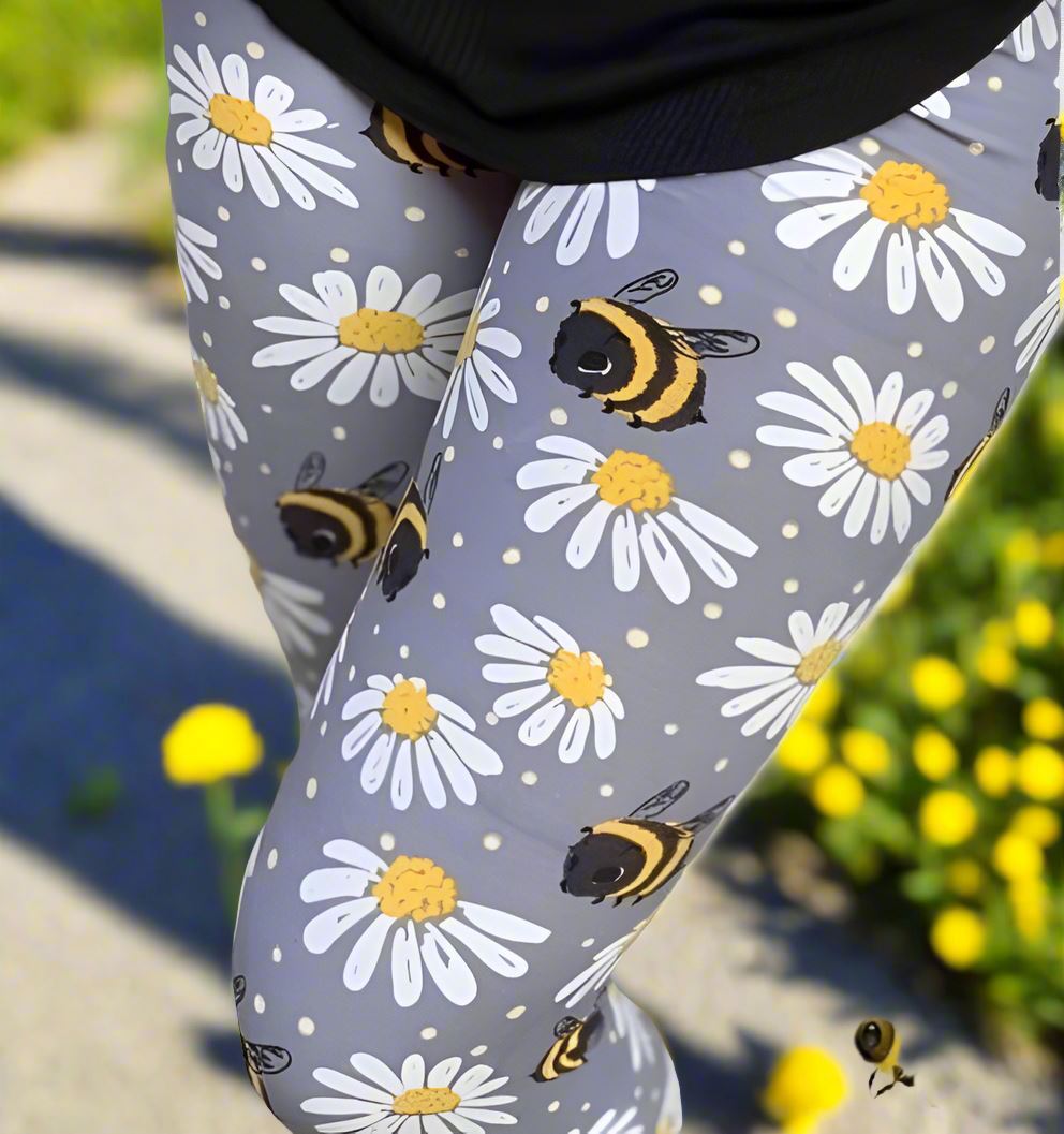 Womens Daisy Bee Capri Leggings, Soft Yoga Pants, Sizes 0-18, No-Roll Waist, Gray/Yellow Leggings MomMe and More 