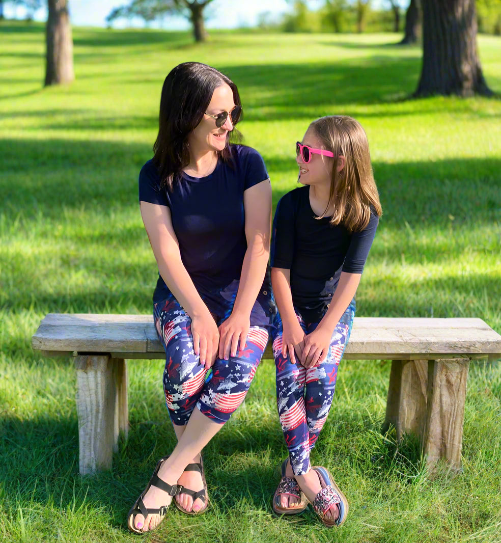 Womens American Flag 4th of July Capri Leggings, Soft Yoga Pants, Red/White/Blue, Sizes OS/TC Exclusive Leggings Leggings MomMe and More 