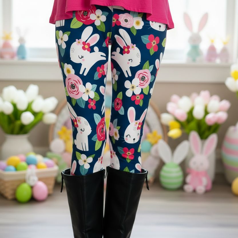 Womens Easter Bunny Leggings - High Waisted - Buttery Soft Yoga Pants - Blue/Pink - OS/TC Leggings MomMe and More S Blue/Pink Yoga Waist