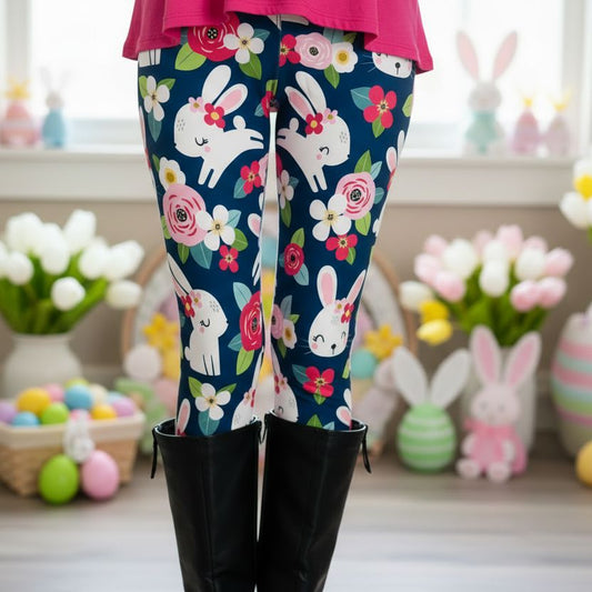 Womens Easter Bunny Leggings - High Waisted - Buttery Soft Yoga Pants - Blue/Pink - OS/TC Leggings MomMe and More S Blue/Pink Yoga Waist