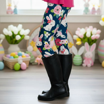 Womens Easter Bunny Leggings - High Waisted - Buttery Soft Yoga Pants - Blue/Pink - OS/TC Leggings MomMe and More 