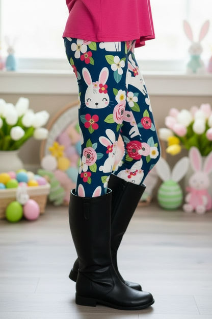 Womens Easter Bunny Leggings - High Waisted - Buttery Soft Yoga Pants - Blue/Pink - OS/TC Leggings MomMe and More 