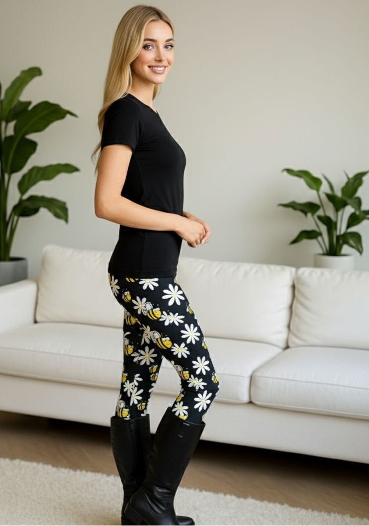 Womens Bee Daisy Leggings - High Waisted - Buttery Soft - Black/Yellow Leggings MomMe and More 