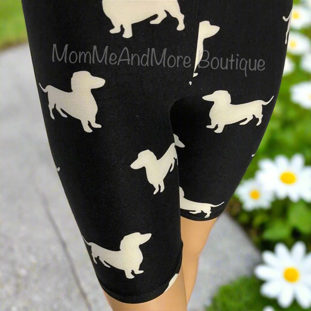 Womens Dachshund Dog Biker Shorts - High Waisted - Buttery Soft - Black/White Shorts MomMe and More 