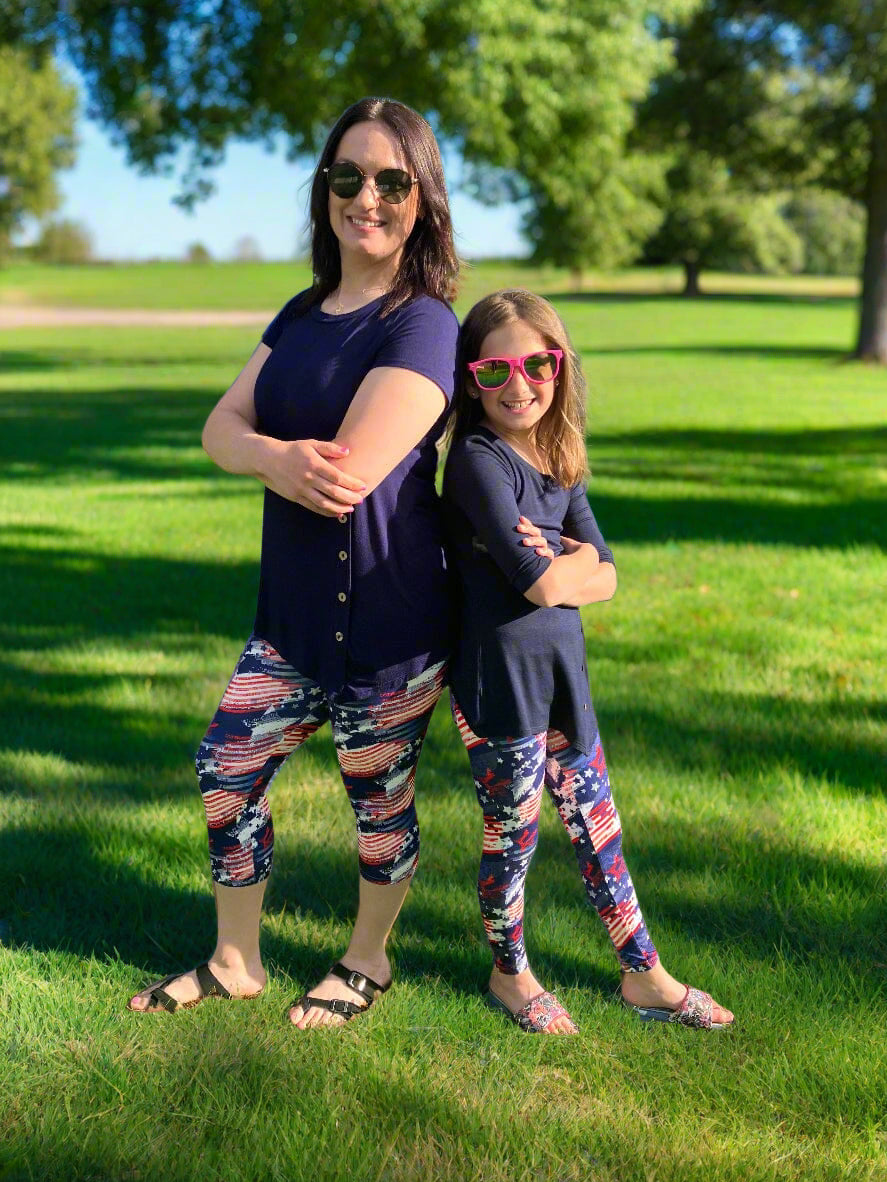 Womens American Flag Capri Leggings, Soft Yoga Pants, Red/White/Blue, Sizes OS/TC Exclusive Leggings Leggings MomMe and More 
