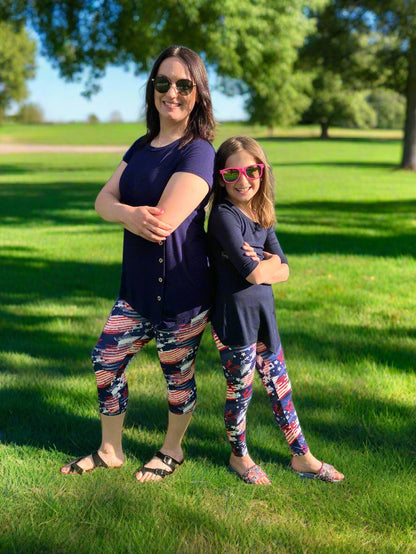 Womens American Flag Capri Leggings, Soft Yoga Pants, Red/White/Blue, Sizes OS/TC Exclusive Leggings Leggings MomMe and More 