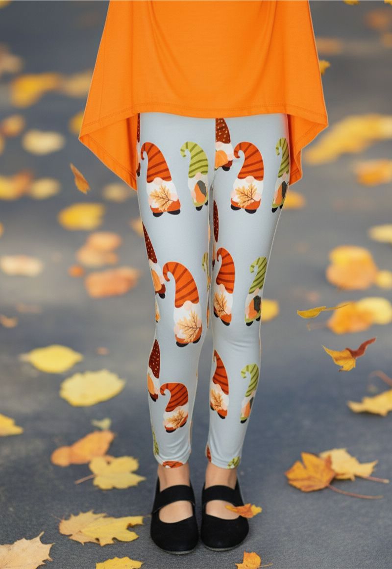 Girls Fall Gnome Leggings - High Waisted - Buttery Soft - Gray/Orange Leggings MomMe and More 