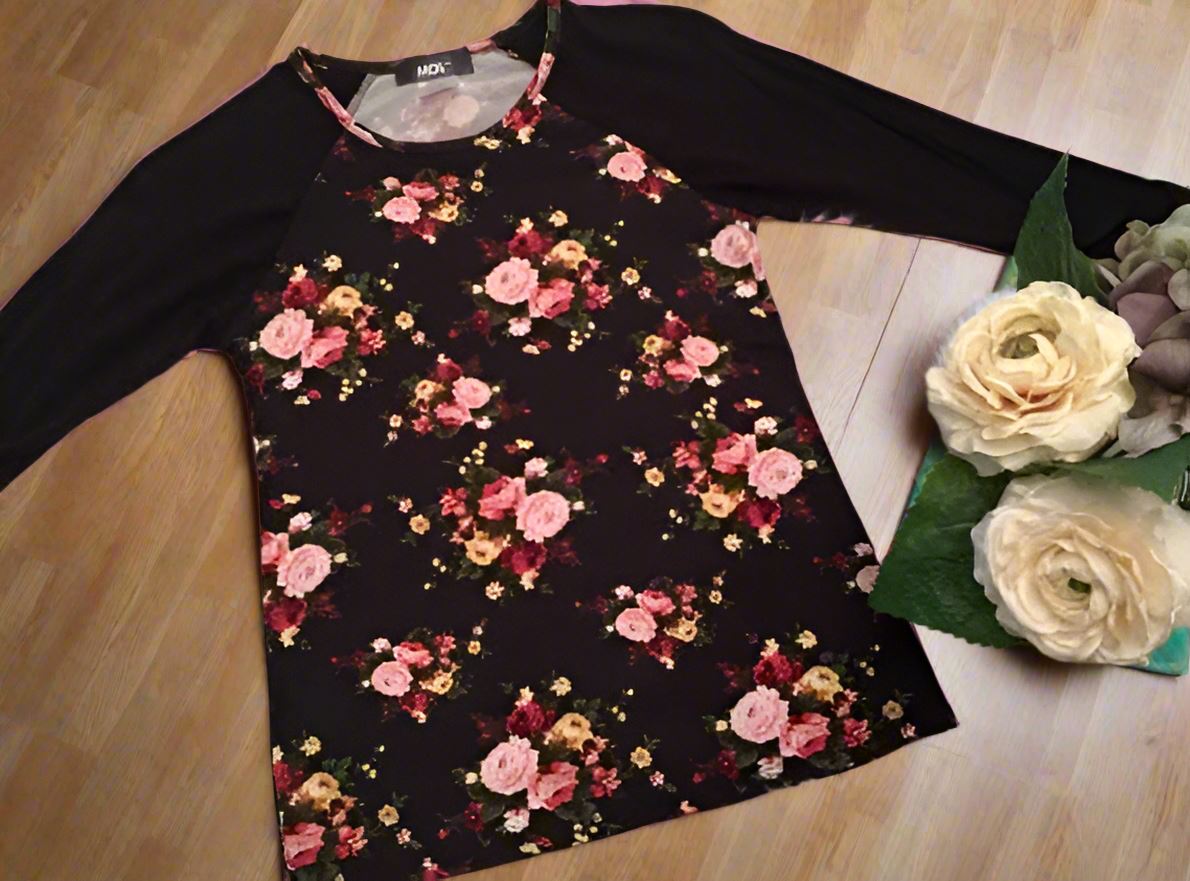 Girls Rose Floral Top, Long Sleeve Shirt, Sizes S/M/L/XL, Black/Pink Tops MomMe and More 