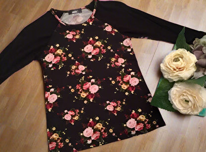 Girls Rose Floral Top, Long Sleeve Shirt, Sizes S/M/L/XL, Black/Pink Tops MomMe and More 