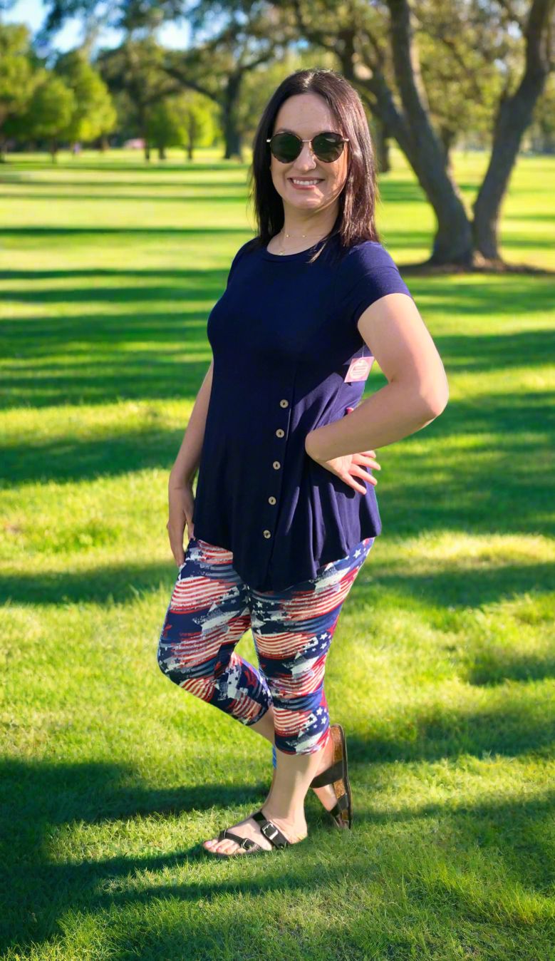Womens 4th of July Capri Leggings - High Waisted - Buttery Soft - American Flag Leggings MomMe and More 