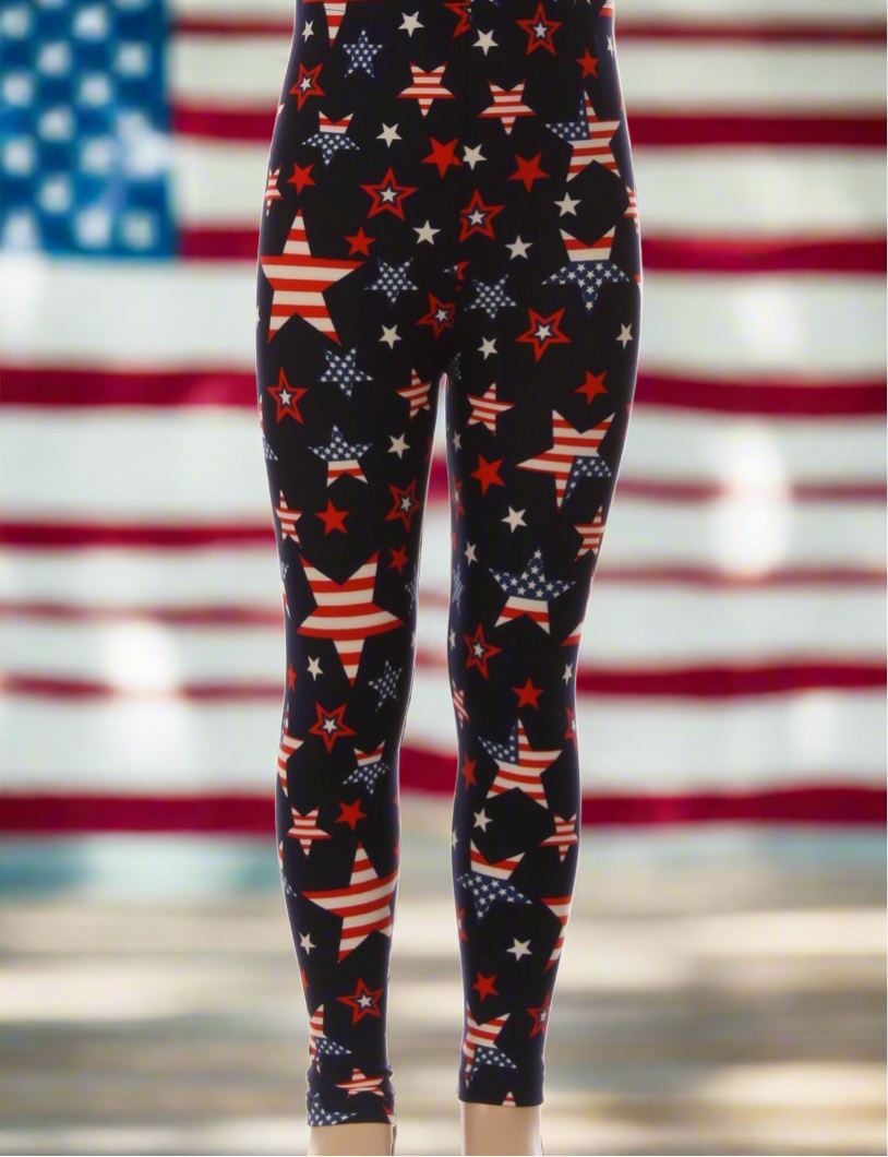 Girls 4th of July Star American Flag Leggings Kids Yoga Pants Red/White/Blue Sizes S/L Leggings MomMe and More 