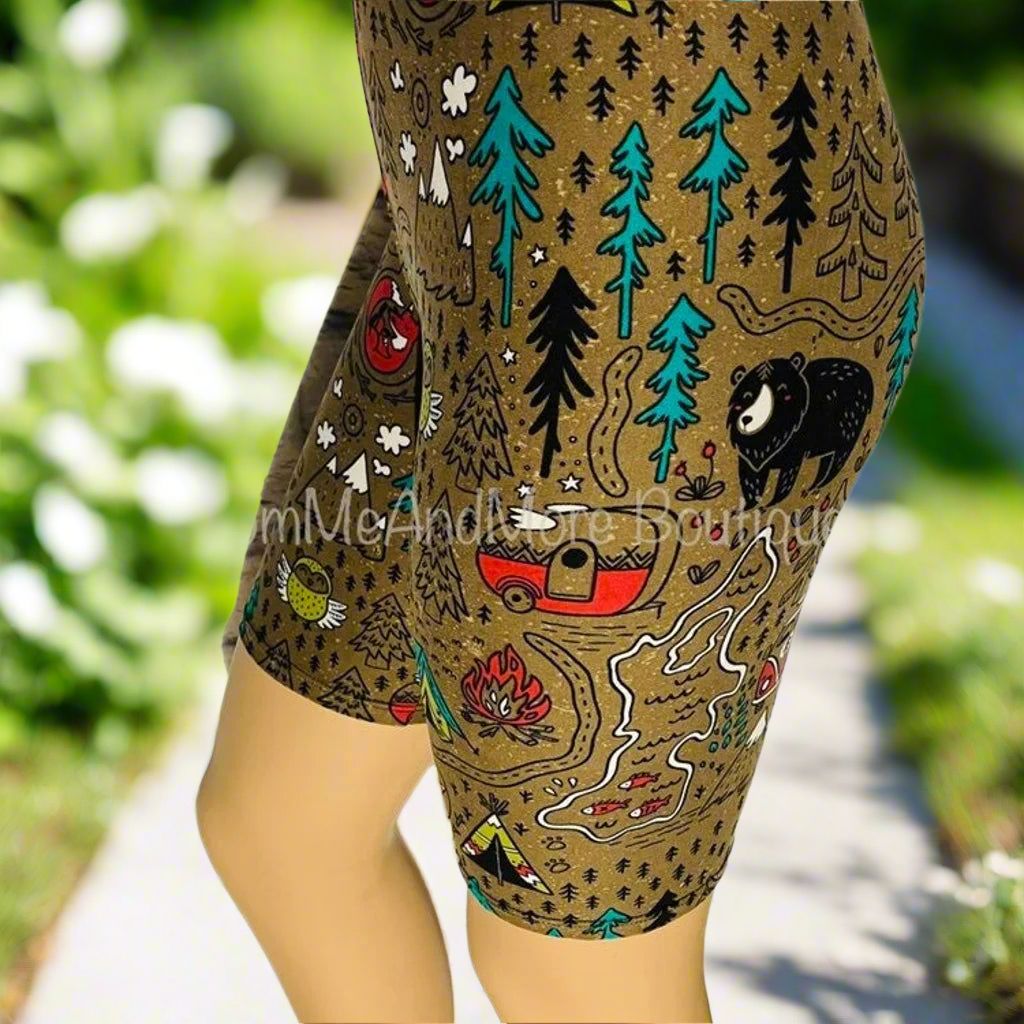 Womens Camping Biker Shorts - High Waisted - Buttery Soft - Brown Shorts MomMe and More 