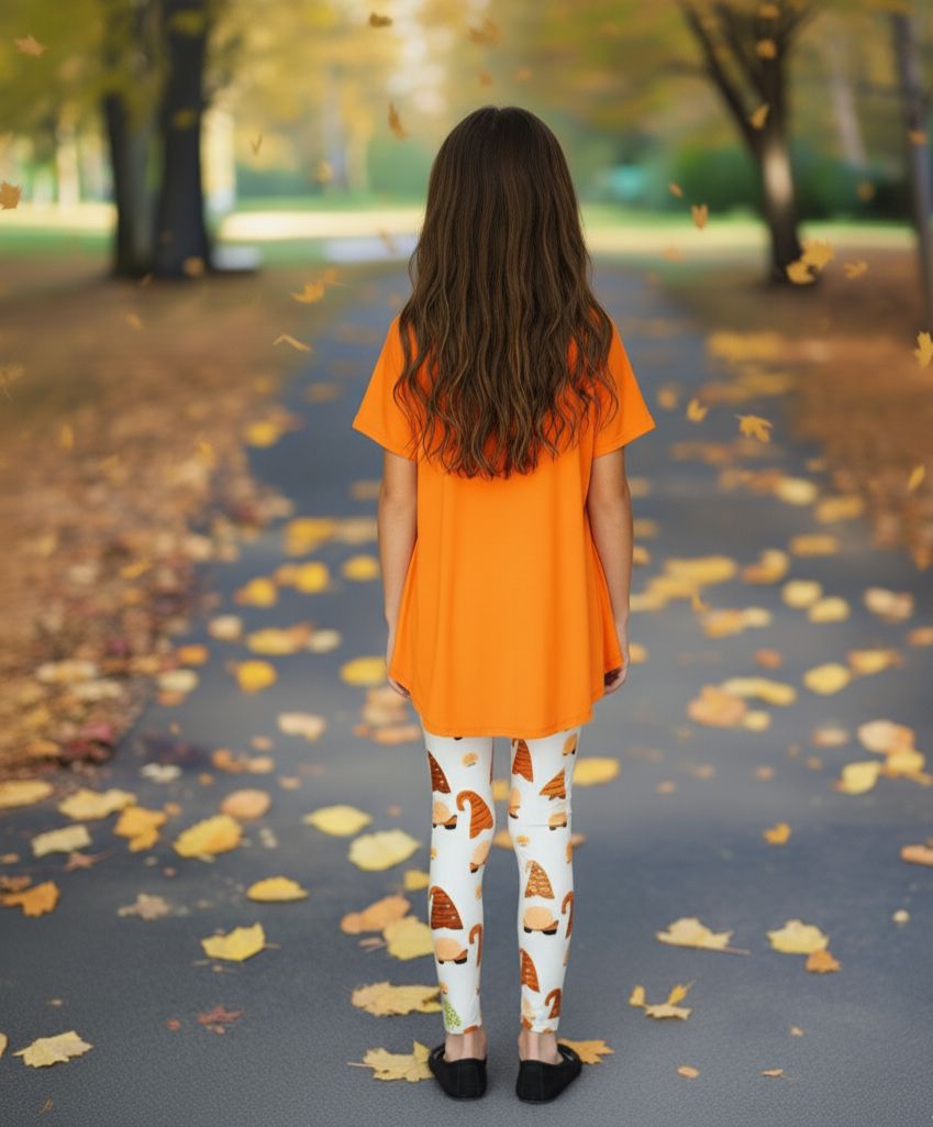 Girls Fall Gnome Leggings - High Waisted - Buttery Soft - Gray/Orange Leggings MomMe and More 