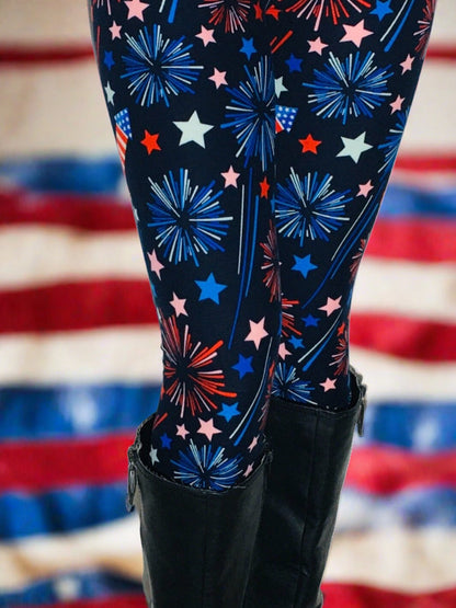 Womens Leggings | American Flag Sparkle Leggings | Yoga Pants | Footless Tights | No-Roll Waistband Leggings MomMe and More 