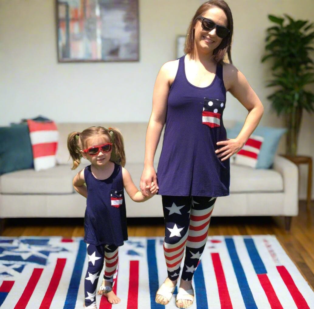 Girls American Flag Leggings, 4th of July Patriotic USA Leggings, Kids Yoga Pants, Sizes S/L, No-Roll Waist, Red/White/Blue Leggings MomMe and More 