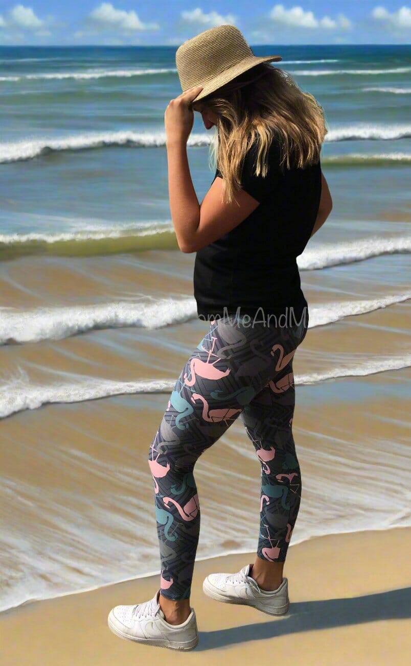Womens Flamingo Leggings, Soft Yoga Pants, Sizes 0-20, Yoga Waist, Gray/Pink Leggings MomMe and More 