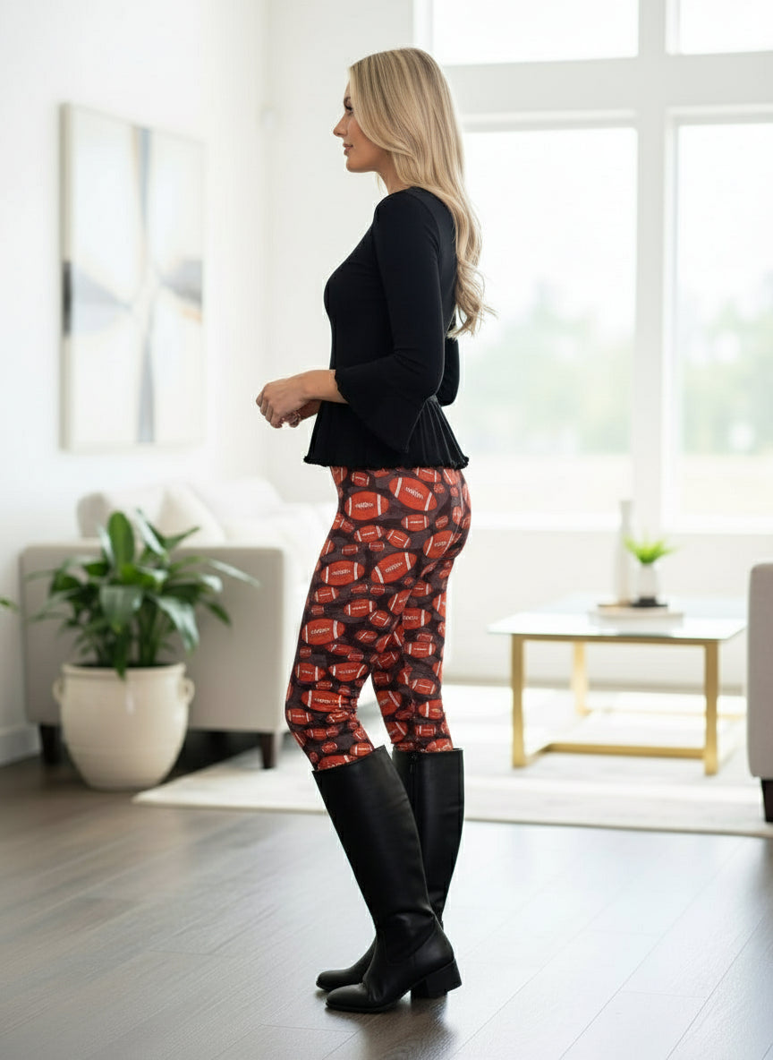 Womens Football Leggings, Soft Yoga Pants, Sizes 0-10, No-Roll Waist, Brown/Black Leggings MomMe and More 