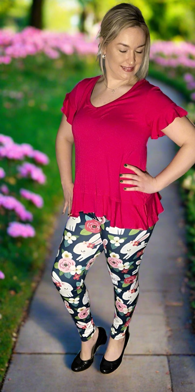 Womens Exclusive Leggings | Easter Bunny Pink Flower Leggings | Yoga Pants | Footless Tights Leggings MomMe and More 