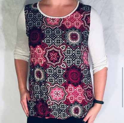 Womens Pink White Top | 3/4 Sleeve Shirt | Medallion Print Tunic Tops MomMe and More 