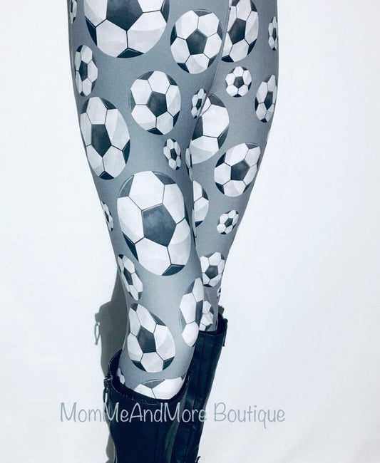 Womens Leggings | Exclusive Soccer Ball Leggings | Yoga Pants | Footless Tights | Yoga Waistband Leggings MomMe and More 