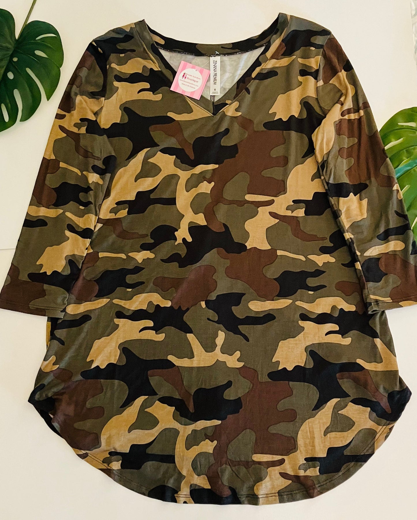 Womens Green Camouflage Top | 3/4 Sleeve Shirt | V-Neck Shirt Tops MomMe and More 