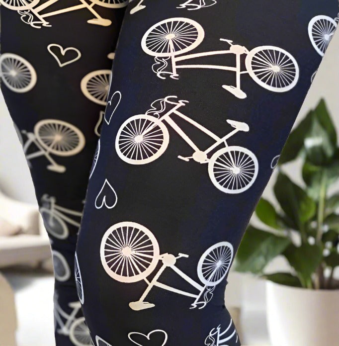 Womens Bike Leggings | Bike Heart Leggings | Yoga Pants | Footless Tights | No-Roll Waistband Leggings MomMe and More 