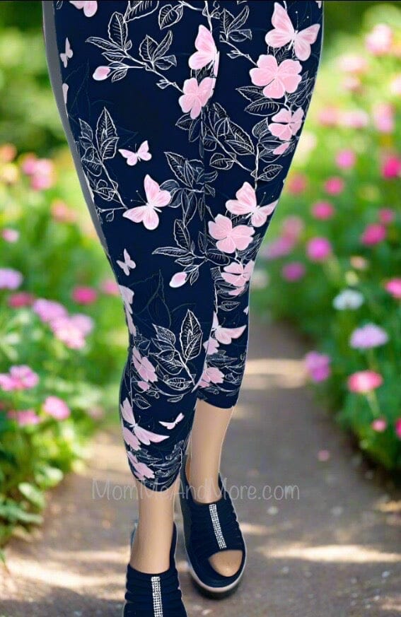Womens Pink Butterfly Capri Leggings, Soft Yoga Pants, Sizes 0-18, Pink/Black Leggings MomMe and More 