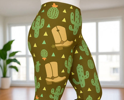 Womens Western Cactus Boots Leggings - High Waisted - Buttery Soft - Brown/Green Leggings MomMe and More 