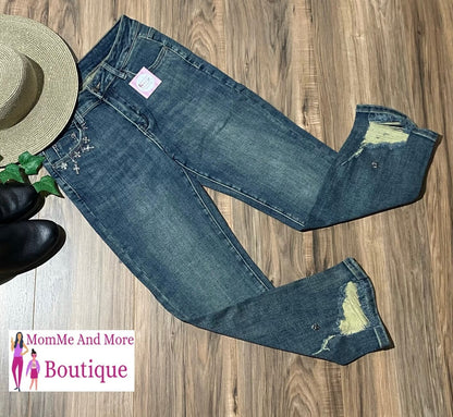 Womens Designer Jean Capris - Mid Rise - Ripped Distressed Jeans - Medium Wash - Cross Jewel Detail Jeans MomMe and More 