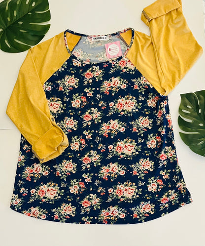 Womens Blue Yellow Floral Spring Top | 3/4 Sleeve Convert to Long Sleeve Shirt Tops MomMe and More 