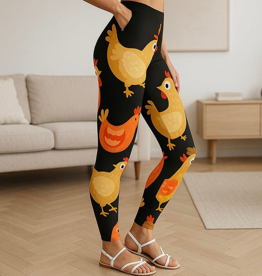Womens Chicken Leggings - High Waisted - Buttery Soft - Brown/Orange Leggings MomMe and More 