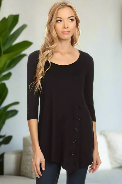 Womens High-Low Black Shirt | Side Button Long Tunic Top Tops MomMe and More 