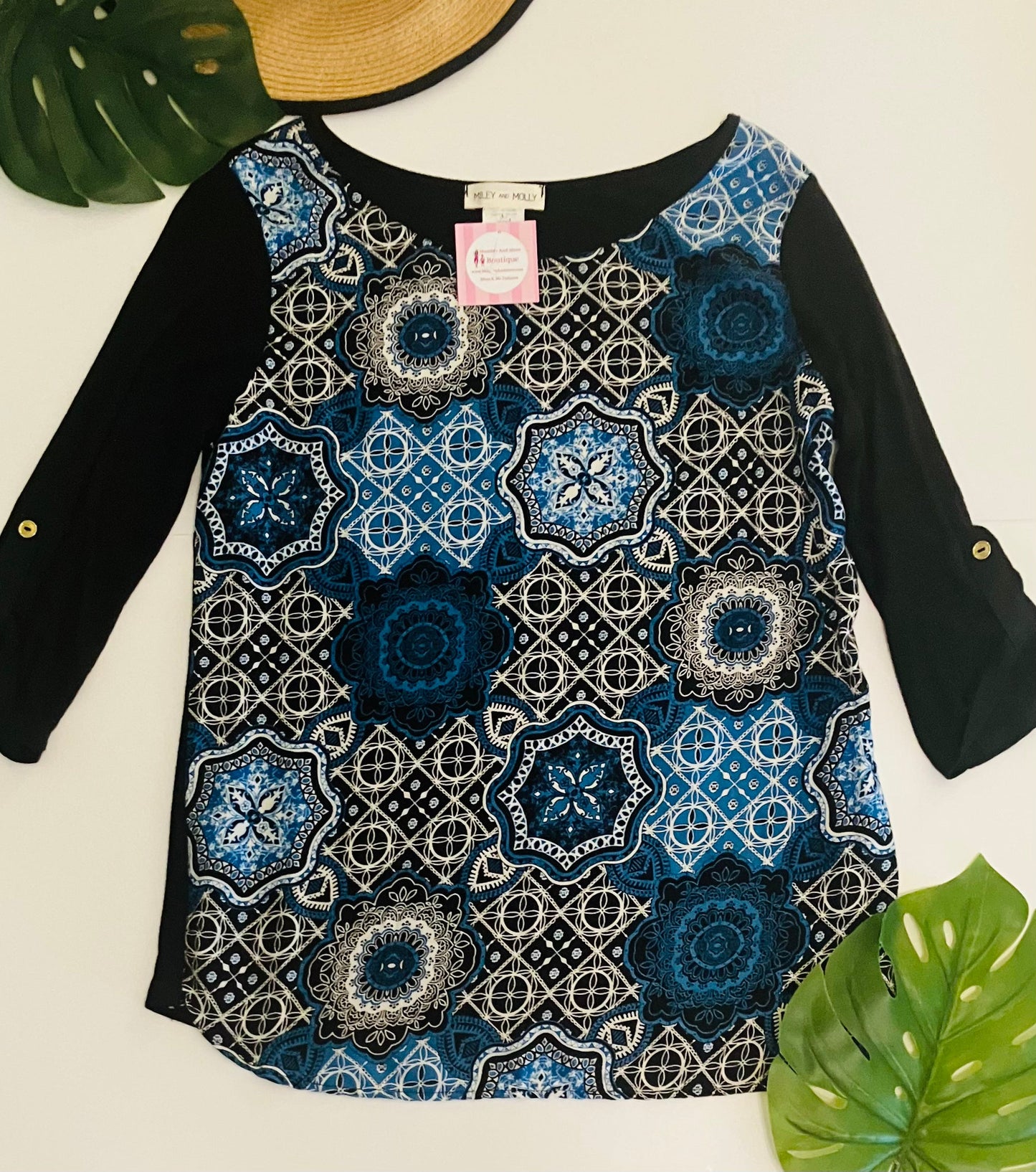 Womens Blue Black Top | 3/4 Sleeve Shirt | Medallion Geometric Tunic Tops MomMe and More 