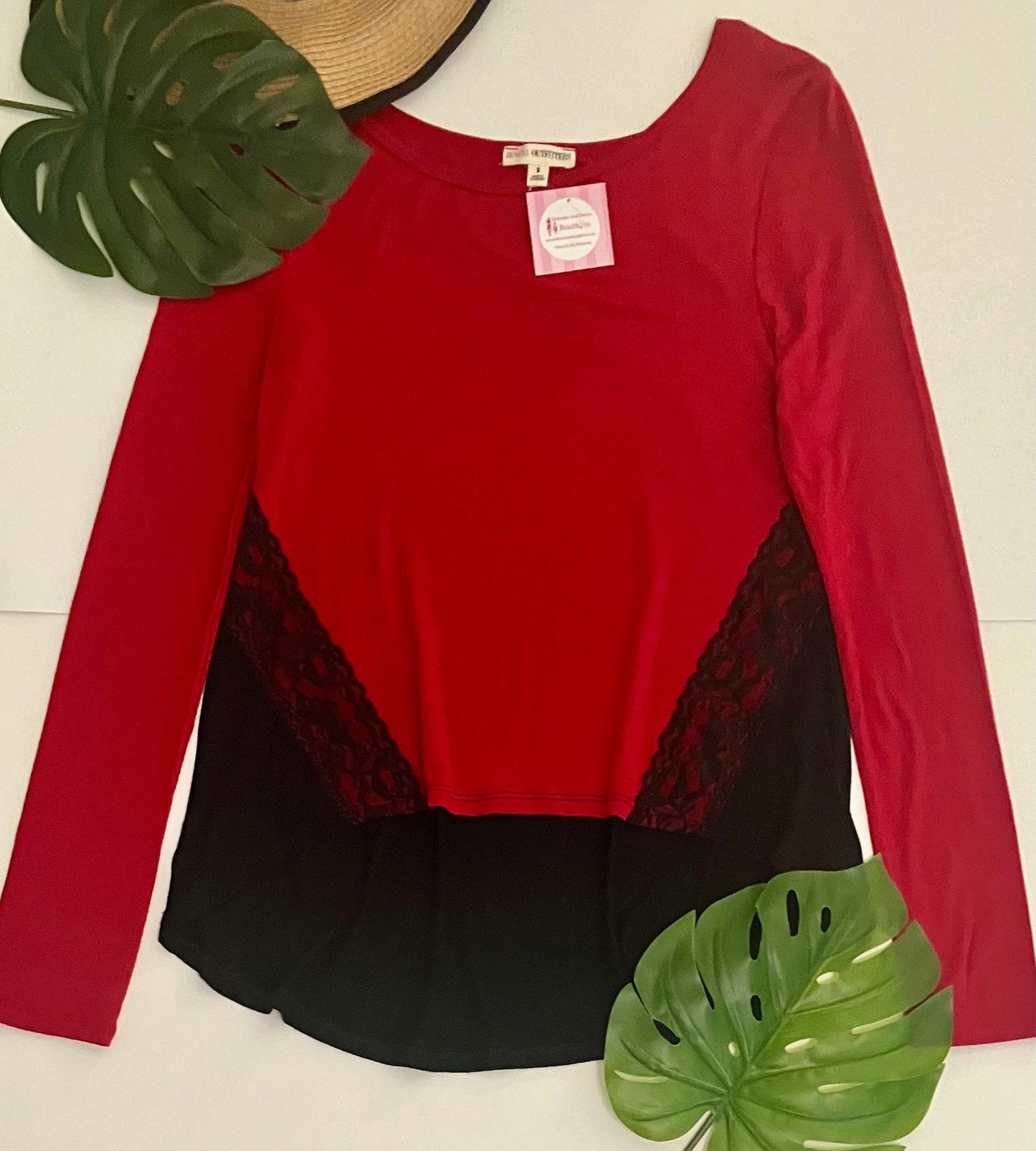Womens Red Black Color Block Top | Lace Trim High Low Top | Long Sleeve Shirt Tops MomMe and More 