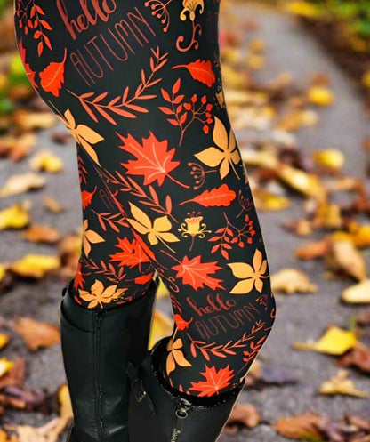 Womens Fall Leaf Hello Autumn Leggings, Soft Yoga Pants, Sizes 0-22, Black/Orange