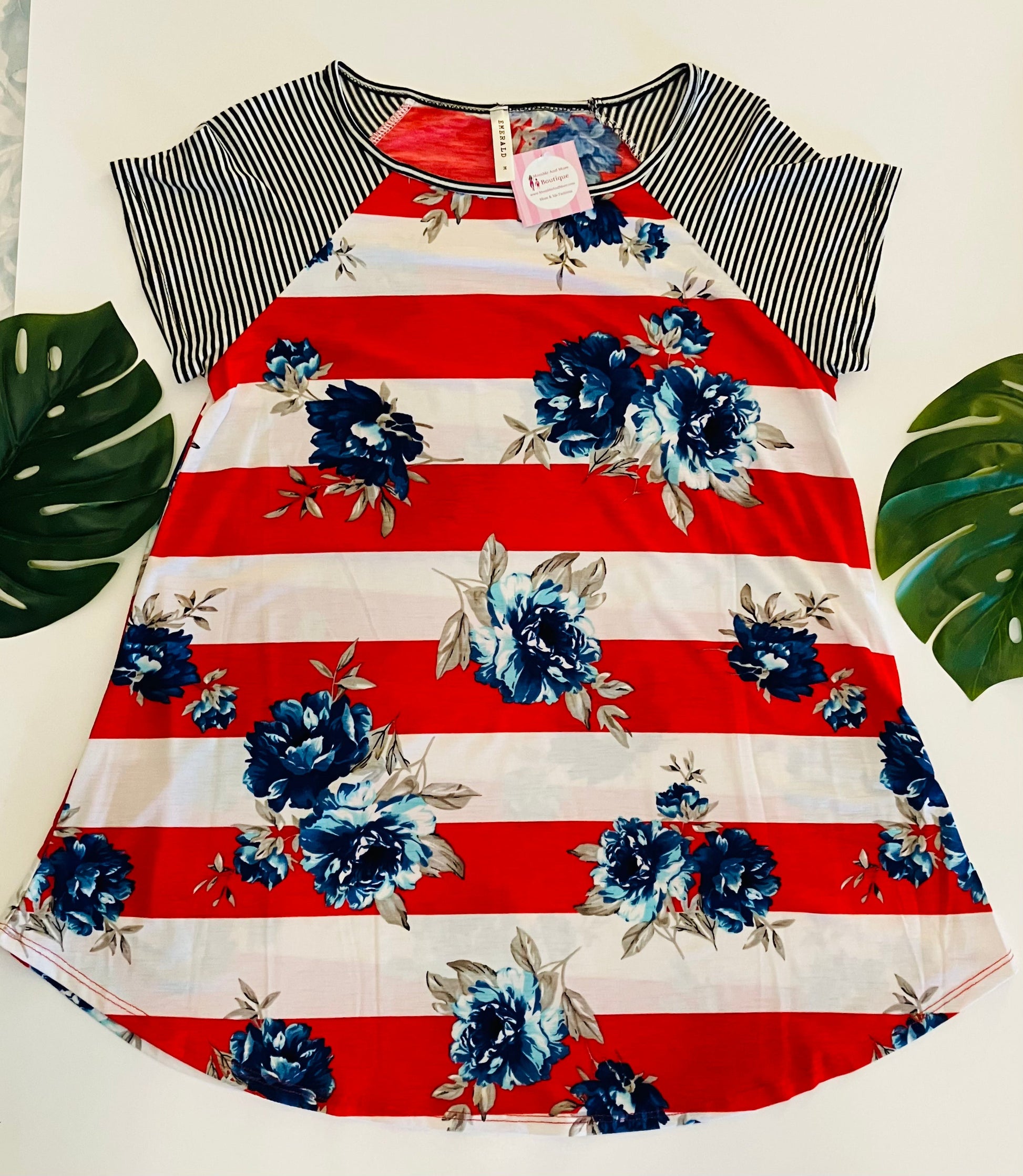 Womens Plus Size Red White Blue Top | Short Sleeve Shirt | Floral Striped Tunic | 4th of July Shirt Tops MomMe and More 