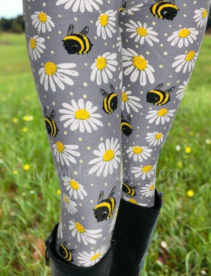 Womens Daisy Bee Leggings, Soft Yoga Pants, Sizes 0-22, Gray/Yellow Leggings MomMe and More 