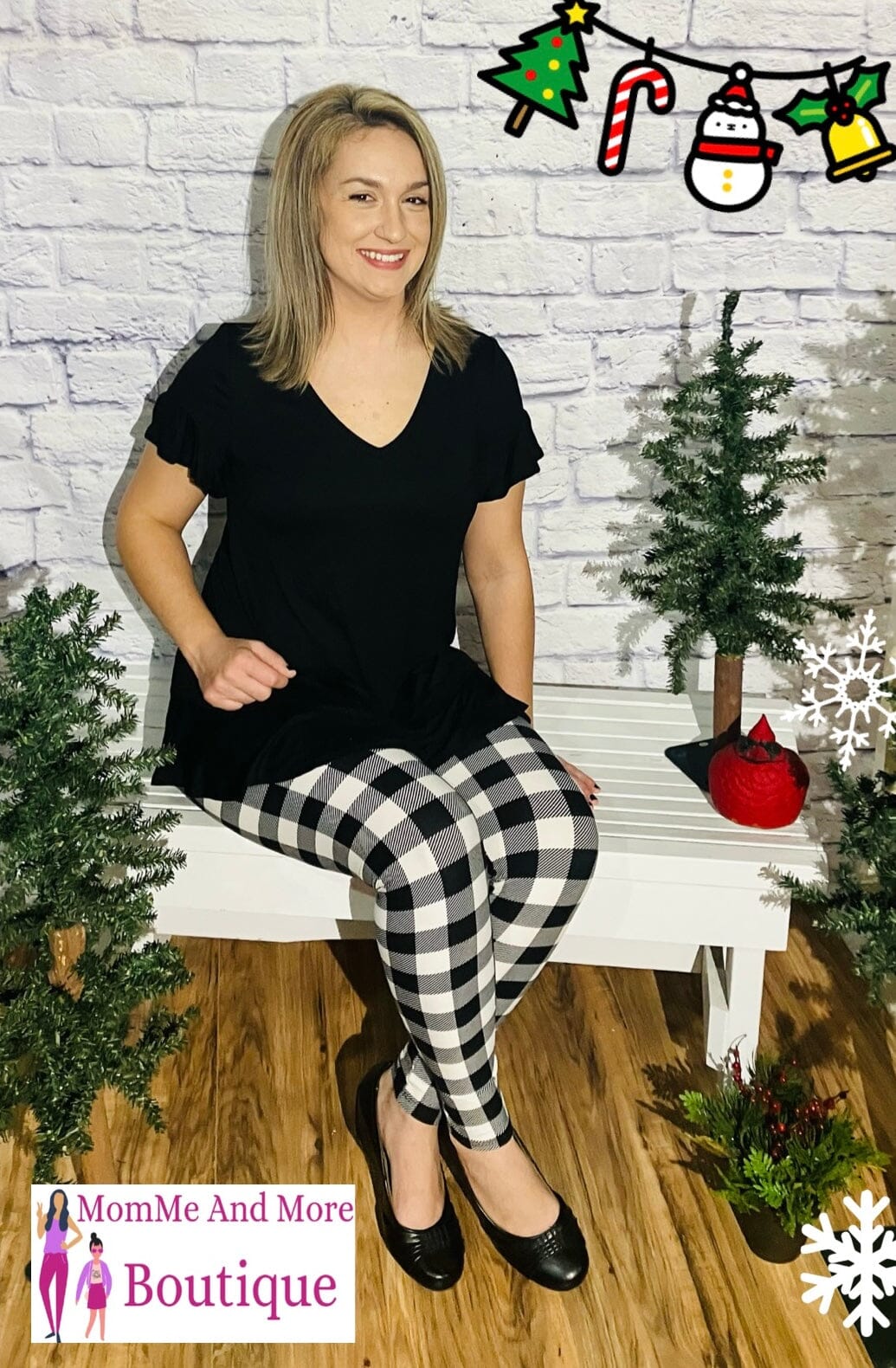 Womens Black White Plaid Christmas Leggings | Yoga Pants | Footless Tights Leggings MomMe and More 