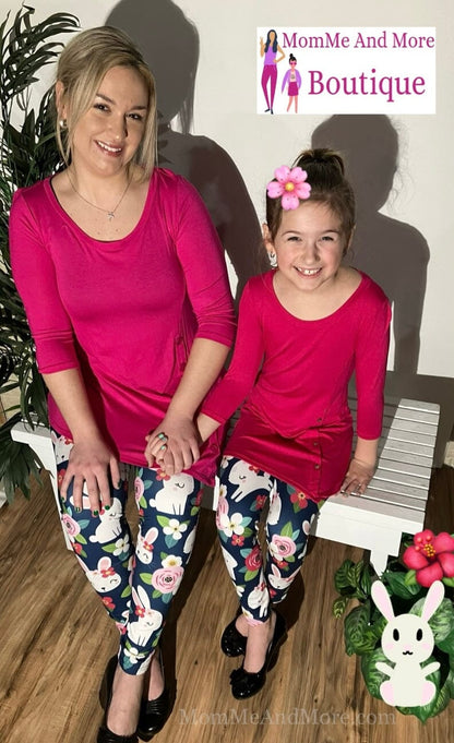 Girls Leggings | Easter Bunny Pink Flower Leggings | Kids Yoga Pants | Footless Tights